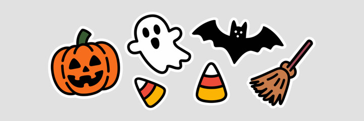 Halloween sticker icon set with pumpkin ghost bat and witch&rsquo;s broom