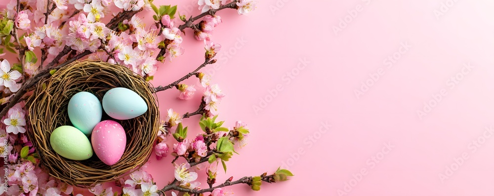 Poster easter eggs in nest with spring flowers on pink background