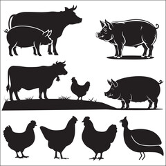 animals, black animal icons, farm illustration, animal icons, poultry silhouettes design