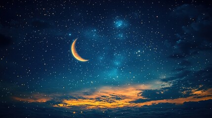 Crescent Moon Shines Over Starry Night Sky with Golden Clouds at