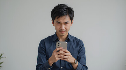 A dissatisfied young Asian man looks disgruntled wearing navy blue shirt irritated face expressions holding his phone