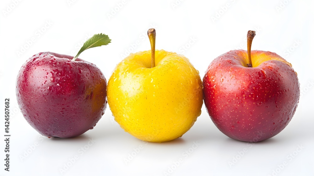 Aufkleber fresh wet apples with leaf arranged on white background