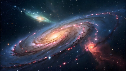 Dramatic spiral galaxy with bright nucleus and swirling arms, cosmic dust and starlight, suitable for astronomy education, sci-fi concept art, or illustrating the vastness of the universe.