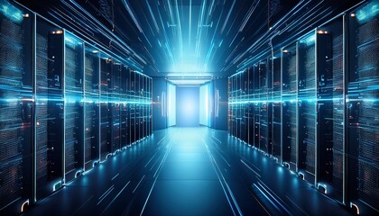 Obraz premium futuristic data storage with illuminated circuits and organized digital information shelves