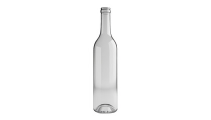 A clear glass bottle with a long neck and a slightly curved bottom