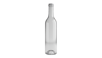 A clear glass bottle with a long neck and a slightly curved bottom