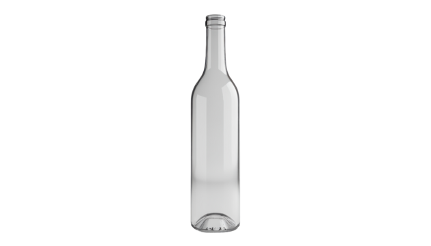 A clear glass bottle with a long neck and a slightly curved bottom