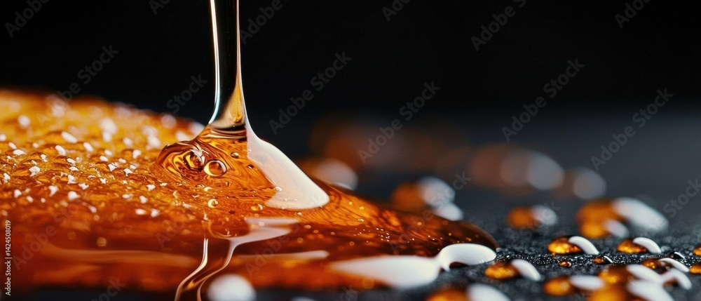 Poster close-up of a droplet of honey dripping from a pipette into a honeycomb. the honey is a golden-brown