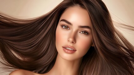 Fototapeta premium Beautiful brunette model showing long, healthy, flowing hair