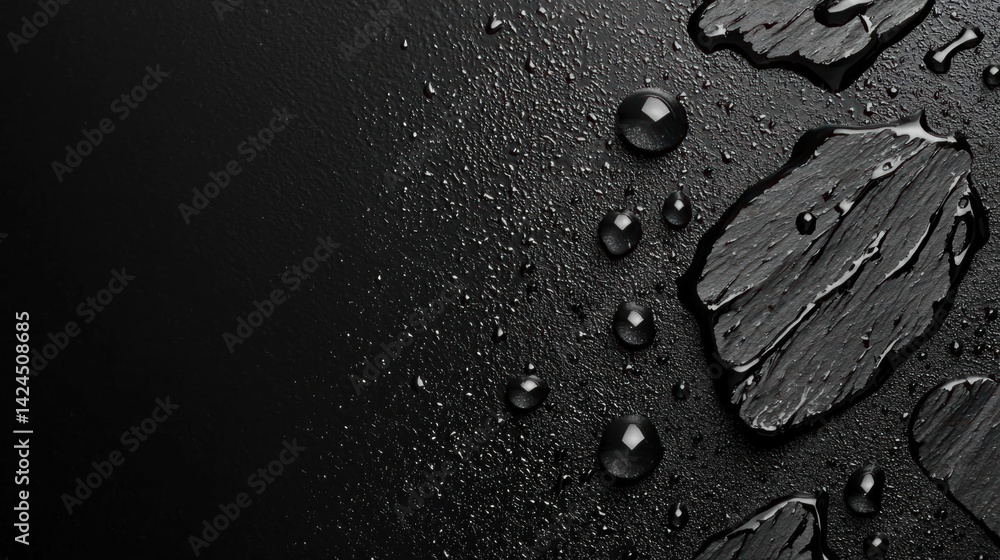 Fototapete close-up of a black surface with multiple droplets of water scattered across it. the droplets are of