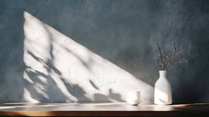 Sunlight and shadow pattern on minimal wall and vase