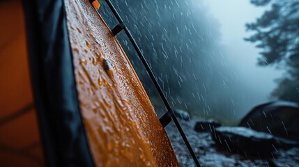 Close-up of a window with raindrops falling from it. the window appears to be made of glass and is covered in droplets of water.