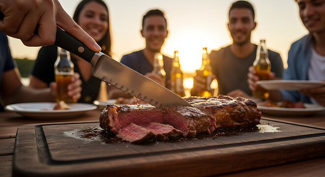 Juicy steak being sliced on a wooden cutting board, while friends share drinks and enjoy a sunset gathering.