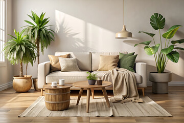 Cozy bohemian living room, neutral tones, white sofa, wooden coffee table, large potted plants, natural light, textured rug, pendant lamp, throw pillows, woven basket, beige wall, minimalist decor, 