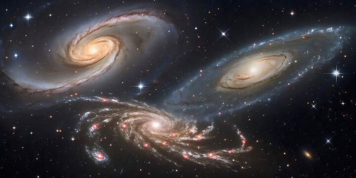 Majestic image of the galaxies NGC 3169, NGC 3166, and NGC 3165 in the constellation Sextans, a deep-space scene for astronomy enthusiasts, science backgrounds, and educational presentations.