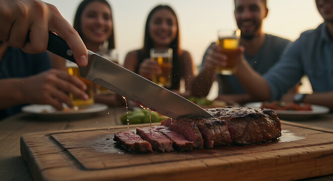 Slicing a juicy grilled steak at a vibrant outdoor gathering with friends, creating a delicious centerpiece for their convivial feast.