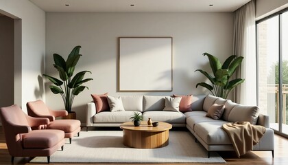 A stylish living room features a sectional sofa adorned with plush cushions, pink accent chairs, and vibrant indoor plants, creating an inviting atmosphere filled with warmth Generative AI