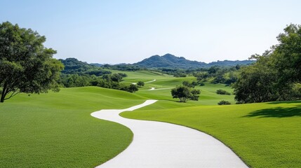 Obraz premium Lush golf course fairway winding through scenic landscape