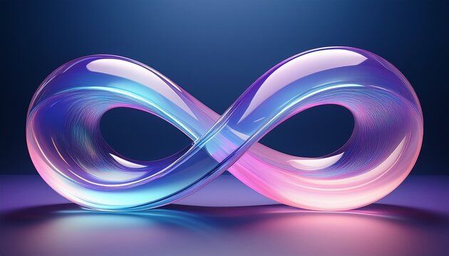 sculptural abstract glass form in the shape of infinity blending shimmering light blue violet and soft pink gradients