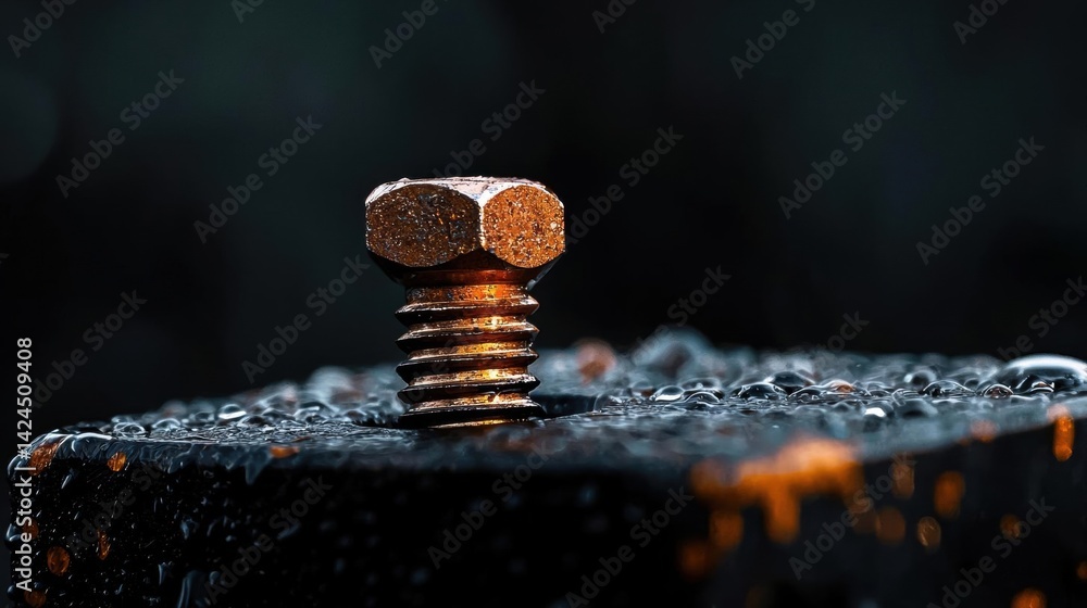 Poster close-up of a rusty bolt on top of a black surface. the bolt appears to be old and weathered, with a
