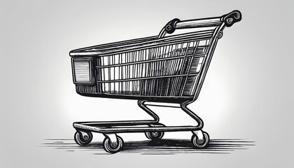detailed monochrome sketched shopping cart illustration on white background concept of retail consumerism artistic design