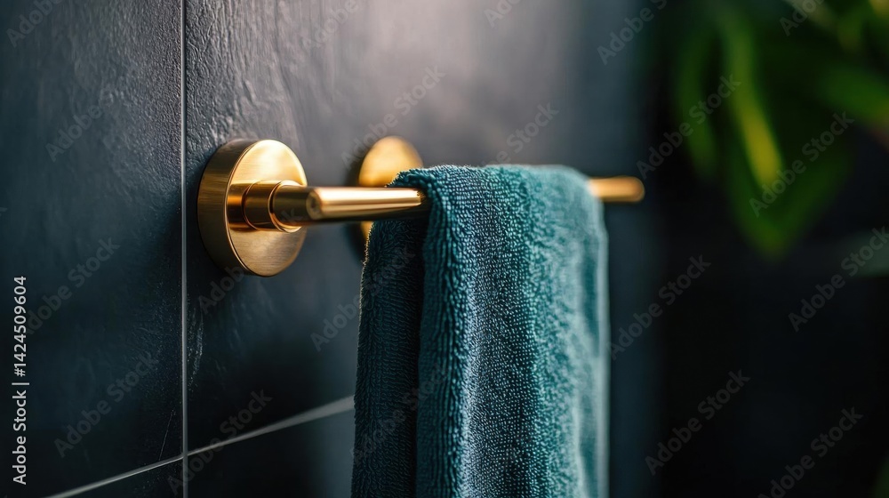 Poster close-up of a towel rack in a bathroom. the towel rack is made of brass and has a round handle with 