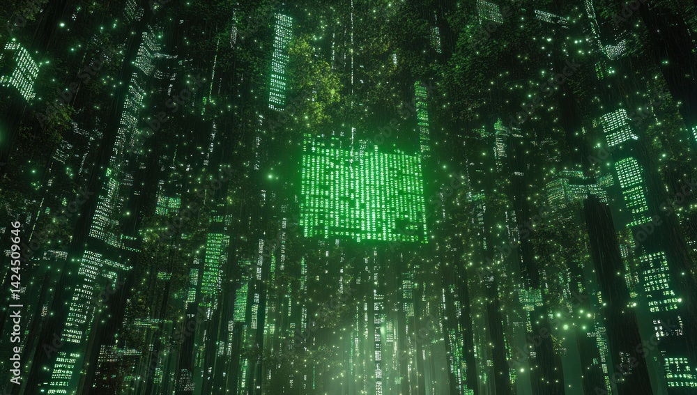 Poster digital matrix: a glimmering green metropolis of code