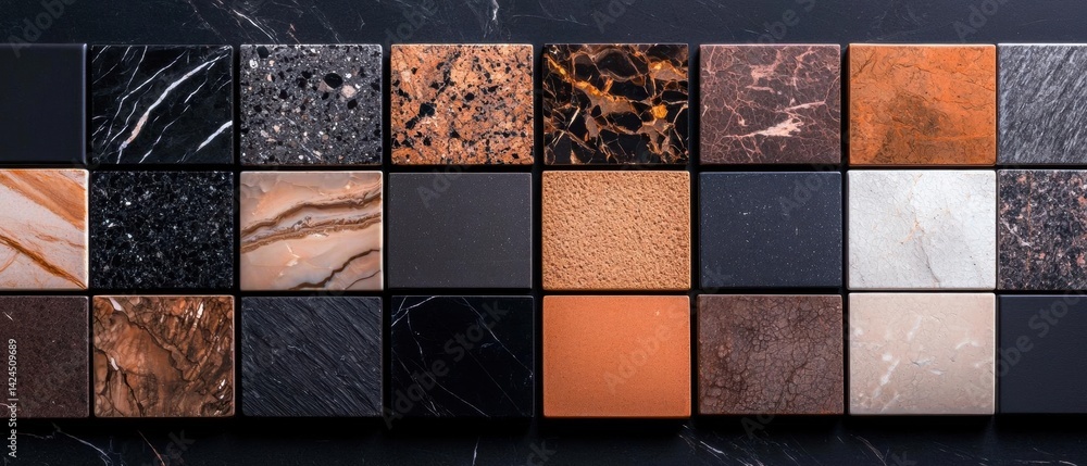 Fototapete collage of 16 square tiles arranged in a grid-like pattern on a black marble background. the tiles a