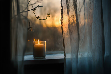 A lit candle on a windowsill beside delicate curtains with warm sunlight creating a peaceful and intimate atmosphere indoors