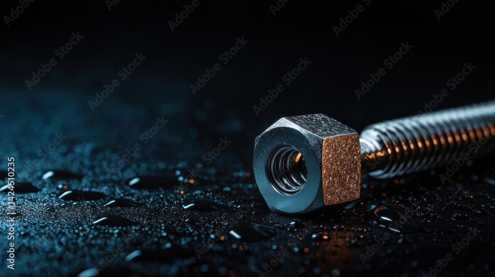Poster close-up of a hexagon-shaped bolt with a threaded end. the bolt is placed on a dark, textured surfac