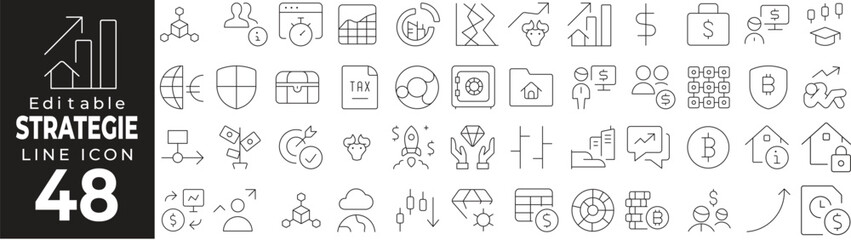Investment Strategies Icon Set: A Line Icon Collection Featuring Portfolio, Assets, Bonds, Risk Management, and More