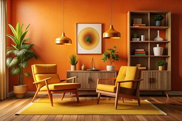 Retro living room, mid-century modern furniture, yellow armchairs, wooden bookshelf, orange walls, pendant lamps, abstract wall art, indoor plants, warm color palette, cozy interior design