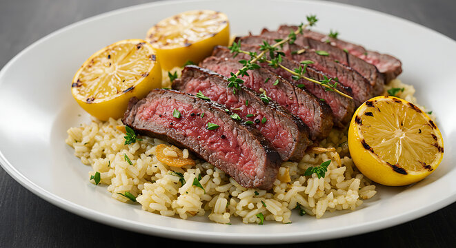 Delicious medium-rare sliced steak served over rice with grilled lemon and garnished with fresh thyme, presented on a white plate.