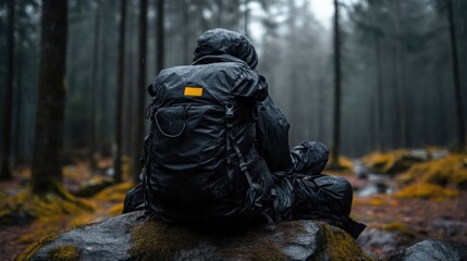 Hiker rests in misty forest