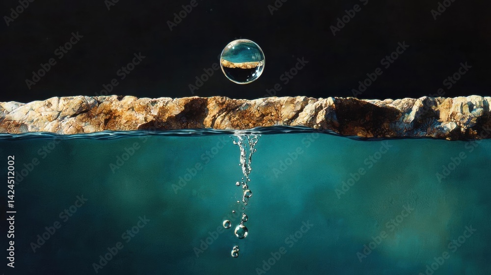 Poster single drop of water falling from the top of a cliff into the ocean below. the water is a deep blue-