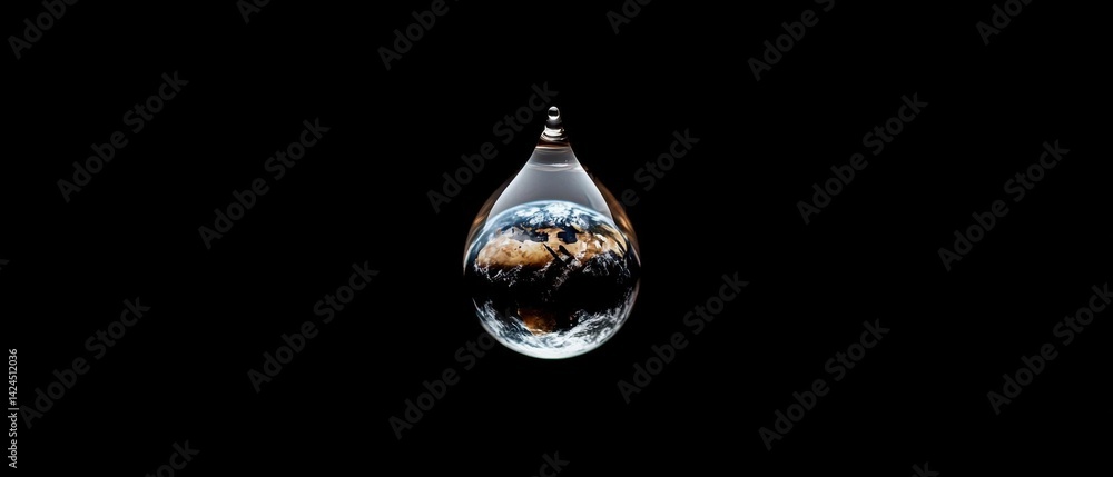 Poster photograph of a drop of water with a black background. the drop is in the center of the image and ap