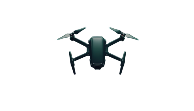 Dark-green drone, four propellers, aerial view