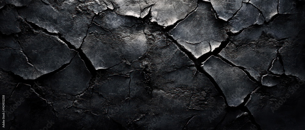 Poster dark cracked texture: abstract background of deep shadows and fractured surface