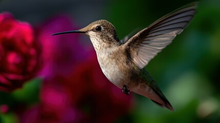 Fototapeta premium Hummingbird hovering near blooming flowers in spring
