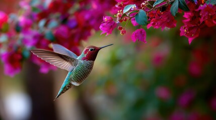 Fototapeta premium Hummingbird feeding on vibrant bougainvillea flowers