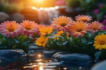 Sunset Flowers by Water Feature