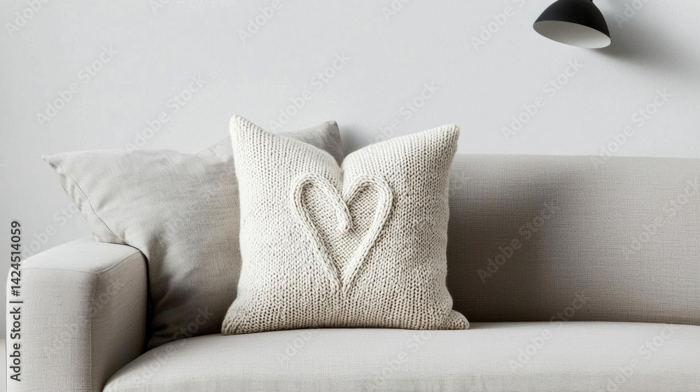 Poster beige sofa with two throw pillows on it. the sofa is upholstered in a light grey fabric and has a mo