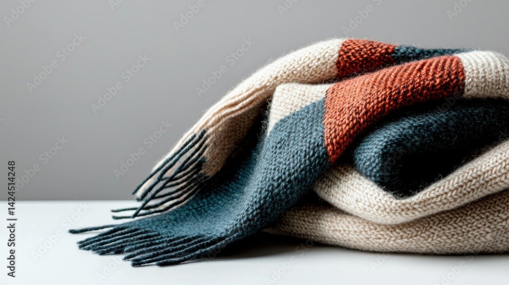 Poster stack of knitted blankets on a white surface. the blankets are folded neatly and appear to be made o