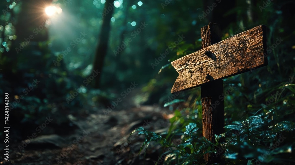 Poster wooden signpost in the middle of a forest. the signpost is made of wood and is pointing towards the 