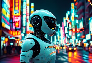 Futuristic robot standing on a bustling city street illuminated by neon lights at night