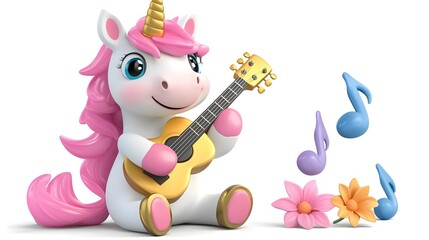Naklejka premium Cheerful Unicorn Playing Guitar with Bright Colors and Musical Notes