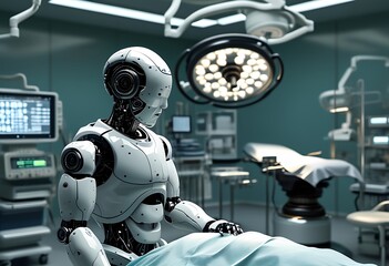 Fototapeta premium A surgical robot is actively assisting in a sophisticated operating room. The environment is equipped with state-of-the-art medical technology as a patient undergoes a procedure on an operating table.