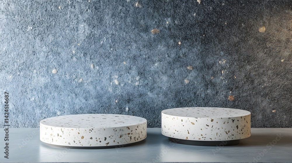 Leinwandbilder Two empty terrazzo podiums on table displaying products on dark concrete wall background