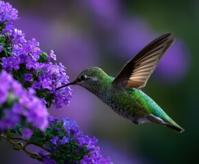 Fototapeta premium Colorful hummingbird feeding on purple flowers