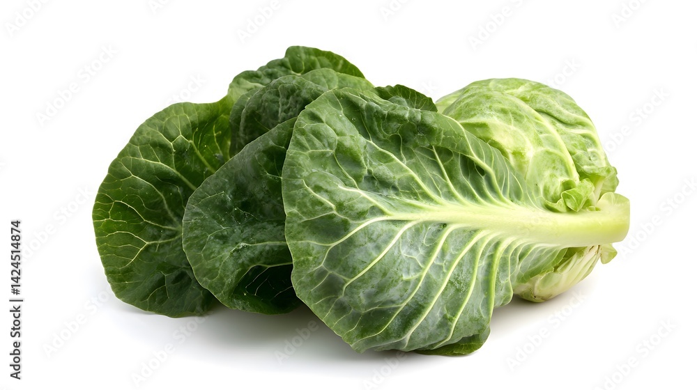 Poster fresh green cabbage with large leaves resting on white background